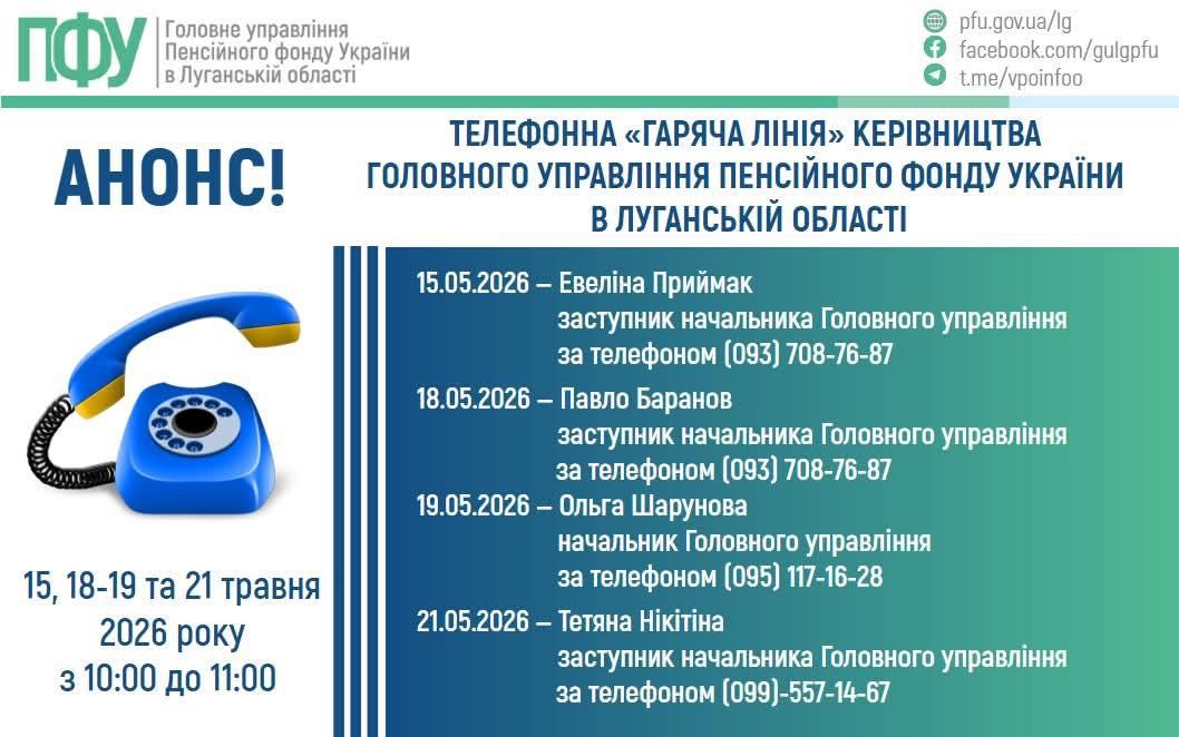 15, 18-19 та 21 травня працюватиме телефонна «гаряча лінія» керівництва Головного управління Пенсійного фонду України в Луганській області