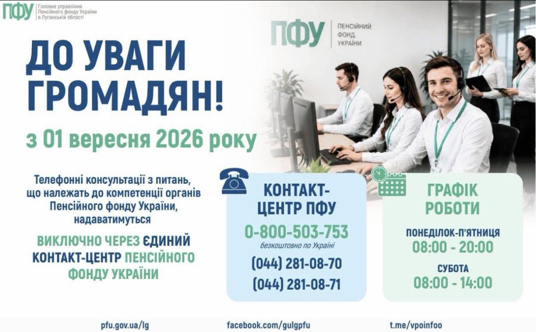 From September 1, 2026, the hotline numbers of the Main Department of the Pension Fund of Ukraine in Luhansk region will cease to operate. Citizens will be advised exclusively through the Contact Center of the Pension Fund of Ukraine