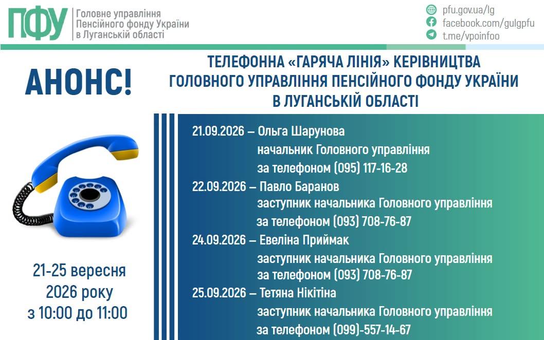 21-22, 24-25 вересня працюватиме телефонна «гаряча лінія» керівництва Головного управління Пенсійного фонду України в Луганській області